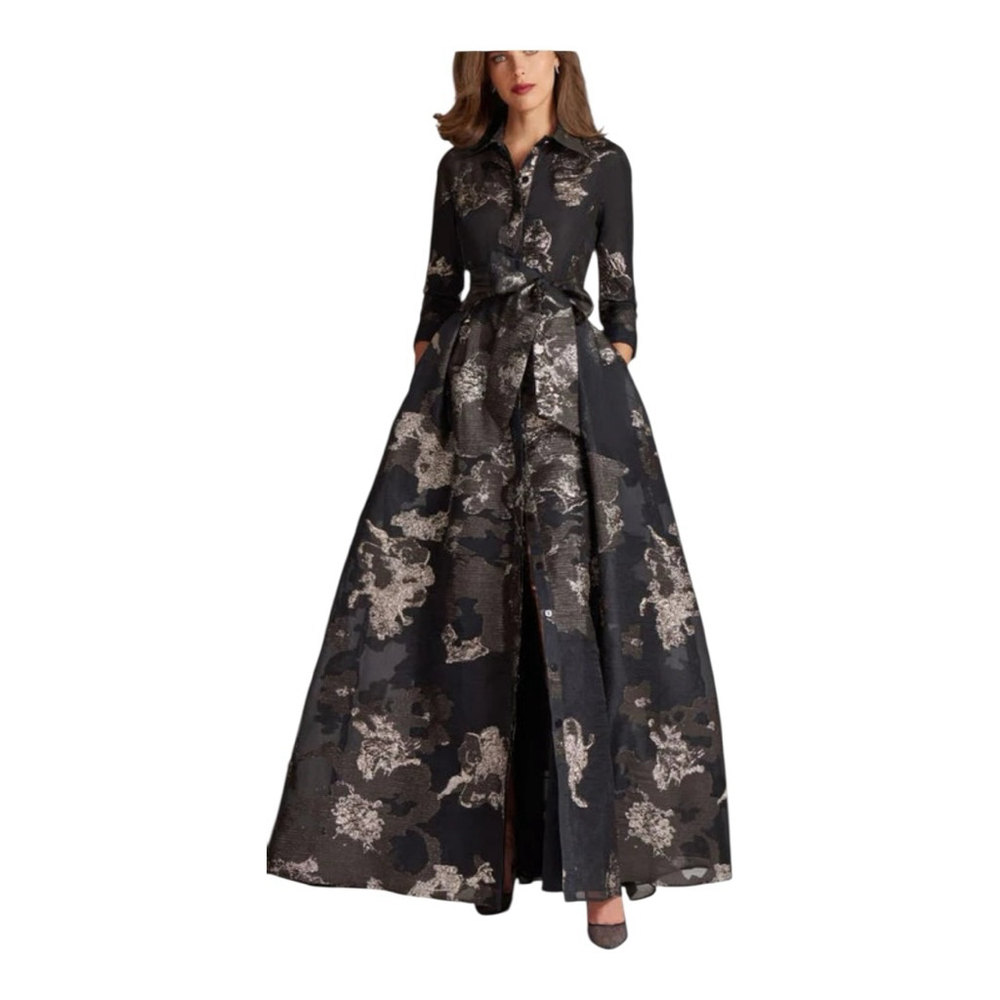 Teri Jon Metallic Black and Silver Jacquard Evening Gown Size 2 *missing sash